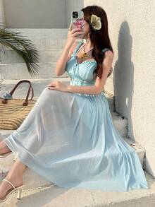 K-Vae Korean Style Light Blue Off-Shoulder Spaghetti Strap Maxi Dress Women's Sweetheart Neck Ruched Slim-Fit Long Dress Summer Vacation Beach Streetwear - Aqua Blue - View 6