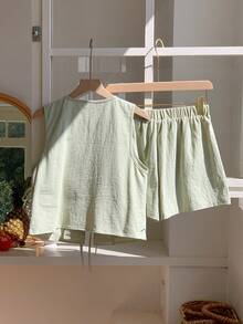 Conjunto de chaleco y pantalones cortos de estampado de anacardo con cordón en la cintura, estilo bohemio de verano para vacaciones, color verde oliva tejido para mujer - Verde - Ver 8