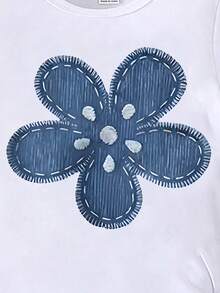 Elladie kids 1件女童休闲可爱碎花夏季度假印花针织圆领短袖T恤，适合夏季度假外出穿着，2026春夏新款，夏季穿搭 - 白色 - 查看 4