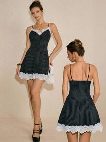Poéselle 蕾丝边条纹迷你连衣裙，吊带夏季A字连衣裙，法式V领吊带连衣裙，优雅派对装扮，撞色条纹吊带蕾丝拼接迷你连衣裙，夏季，法式连衣裙，2026新款吊带连衣裙，女士吊带裙，短款夜店连衣裙，性感短款连衣裙，女士连衣裙 - 彩色 - 查看 2