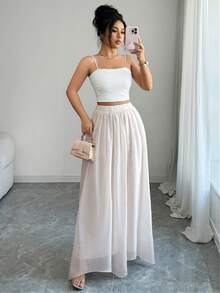 EMERY ROSE Falda de línea A elegante y transparente con lentejuelas para mujer, de estilo versátil adecuado para el trayecto diario, el estilo callejero francés, retro, fiestas, Navidad, Año Nuevo, ocasiones de negocios, en degradado marrón, apta para primavera, verano, otoño e invierno - Beis - Ver 5