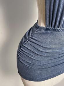 Elamini Women's Sexy Backless Halter Mini Denim Dress For Summer - Blue - View 5