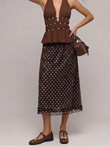 Muvela Chân váy nữ mùa xuân/hè mới, màu nâu cà phê chấm bi, chất liệu ren dệt, eo chun, gấu váy có thể điều chỉnh, thiết kế xếp ly, đa năng cho trang phục mùa hè. - màu nâu - Xem 5