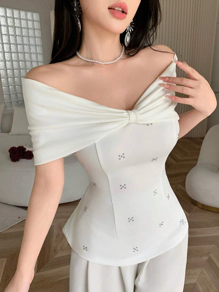Feyla New Luxury Rhinestone Embellished Off Shoulder Elegant Blouse, Suitable For Party & Vacation - White - View 1