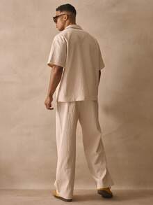 Musero Slim Fit Pleated Trouser Button Through Short Sleeve Revere Collar Textured Co Ord Set Outfit Spring Summer Essentials - Apricot - View 5