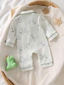 SHEIN Vintaside Kids Newborn Foot Pajamas,Cartoon Dinosaur Pattern With Drawstring Pocket Edges,Soft Fabric 2026 New Baby Set,Off-White,Winter,Cute,Lounge Comfortable - Green - View 3