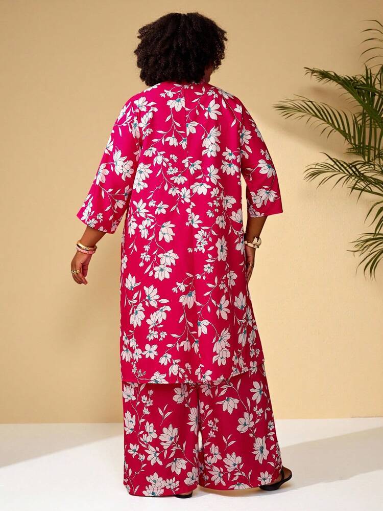 Plus Size Floral Print Shirt And Pants 2 Pieces Set, Casual Holiday Outfit,Flower/Summer/Spring/Vacation Pink Floral Maxi Dress Vacation Outfits Women Holiday Outfits For Women Beach Vacation Outfits For Women