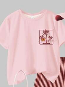 Hawaii Insel Urlaub Palmenprint, rosa & braun gestreift, lässiges, weites Rundhals Kurzarm T-Shirt und Shorts 2-teiliges Set für Teenager Mädchen, geeignet für Frühling/Sommer Alltag, Outdoor, Strandurlaub, Strandoutfit, Frühlings- & Sommer-Outfits für Teenager Mädchen, bequem, Sommer Casual Set, Sommer Kurzarm & Shorts Set, stilvolle Mädchen, Mädchen Urlaubs Blumen Grafik T-Shirt Set, Frühlings- & Sommer-Mode, lässiger Stil, entspannter Chic, lässige Outfits - Verschiedenfarbig - Übersicht 4