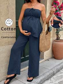 SHEIN Summer Outfit Maternity Vacation Set In Dark Blue Cotton, Breathable, Comfortable, And Skin-Friendly, Featuring An Adjustable Elastic Waistband For A Comfortable Fit Without Constricting The Pregnant Belly. 2pcs Maternity Solid Color Knotted Tube Top And Pants Casual Set Culottes Women's Tall Clothing Two Pieces Ladies Discount Jumpsuit Women Summer 2 Pieces Sets Women Summer Co Ord Women Vacation Outfit Sets Women 2 Pieces Outfit Casual Women's Summer Outfits Women's Summer Co Ord Summer Outfit For Women Jumpsuit Summer Palazzo Pants Set Strapless Top And Pants Set Vacation Outfits Women Romper Jumpsuit For Women 2 Piece Set - Royal Blue - View 2
