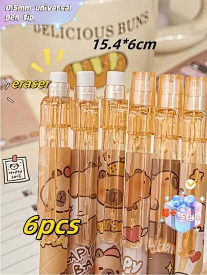SHEIN 1pc/3pcs/6pcs/12pcs Capybara 可擦除按钮自动铅笔，（6支装）颜色款式随机，高品质创意学生文具笔，可爱可擦除自动铅笔，0.5mm 学生 2B 铅笔，无需削芯，可更换芯按钮自动芯，书写流畅，内置橡皮擦，适合成人和学生创作、家庭绘画、圣诞贺卡着色、办公室签名用品、送给家人、朋友、同事、男孩、女孩的礼物、学校用品