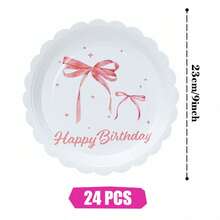 Pink Bow Disposable Plates, Napkins And Paper Cups Party Set, Serves 24 Guests. This Disposable Paper Party Tableware Is Suitable For Birthdays, Weddings, Themed Parties And Family Picnics. - View 8