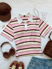 Comfortcana Women's 90s Retro Back-To-School Pink And White Striped Polo Shirt,Summer Casual Short Sleeve Ruffle Graphic Tee Tops For School Clothing - White - View 1