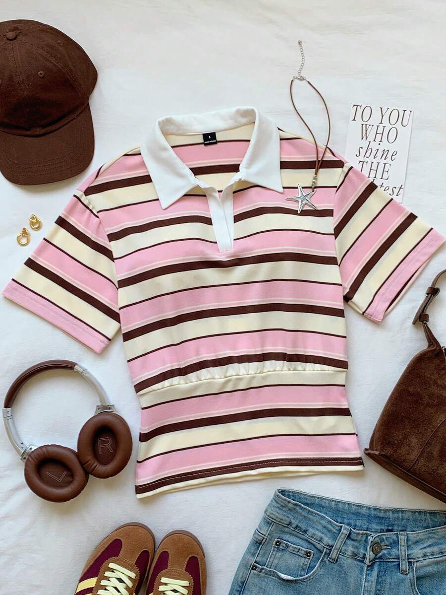 Comfortcana Women's 90s Retro Back-To-School Pink And White Striped Polo Shirt,Summer Casual Short Sleeve Ruffle Graphic Tee Tops For School Clothing - White - View 1