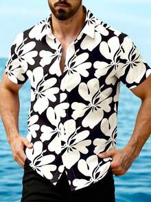 Manfinity RSRT Men's All-Over Print Single-Breasted Casual Versatile Daily Wear Short Sleeve Shirt Black And White Hawaiian Shirt Men's Hawaiian Print Shirt Aloha Shirt Men Summer Clothes Spring Men Clothes Holiday Outfits Spring Tops Tops For Going Out - Multicolor - View 2