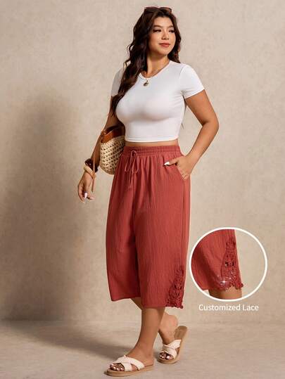 Elaquor Plus Size Casual Solid Color Lace Patchwork Pants