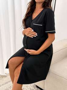 Slowluna Đầm ngắn tay cổ chữ V cài phía trước dành cho bà bầu, kiểu dáng thường ngày. - Đen và trắng - Xem 7