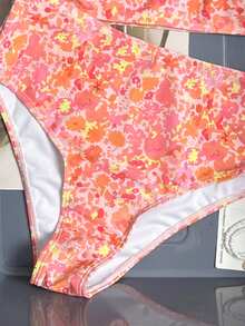 Swim Vcay Bộ đồ bơi nữ gợi cảm kiểu yếm cổ yếm, họa tiết hoa hồng và sọc cam, thích hợp cho kỳ nghỉ biển. - Hồng - Xem 5