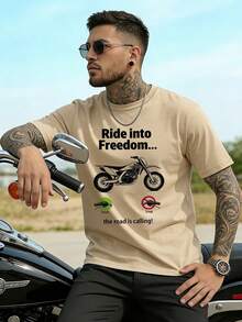 Manfinity Homme Men's Letter Print Round Neck Casual Short Sleeve Loungewear Top Men Graphic Tees Dirt Bike Shirt Ride Into Freedom Tee - Khaki - View 1