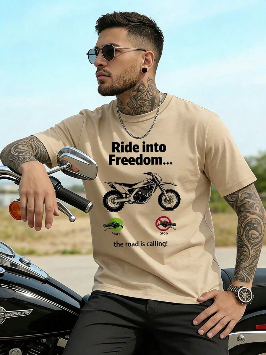 Manfinity Homme Men's Letter Print Round Neck Casual Short Sleeve Loungewear Top Men Graphic Tees Dirt Bike Shirt Ride Into Freedom Tee - Khaki - View 1