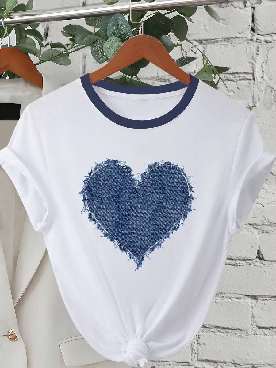 EMERY ROSE Áo thun tay ngắn cổ tròn in hình trái tim, kiểu dáng thường ngày, thích hợp cho mùa hè. - trắng - Xem 1