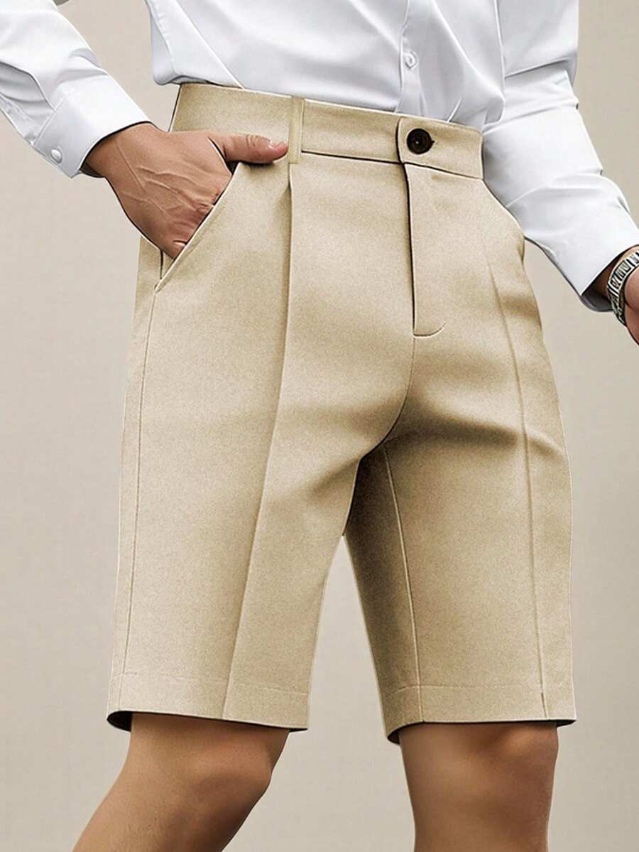 Calvornis Shorts Casual Masculina de Linho Reta e Solta, Estilo Retrô Vintage de Negócios e Transporte - Caqui - Visão 1