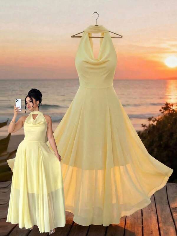 Elenzga Vestido elegante de talla grande para vacaciones con cuello halter, corte evasé, espalda descubierta y decoración plateada en la cintura