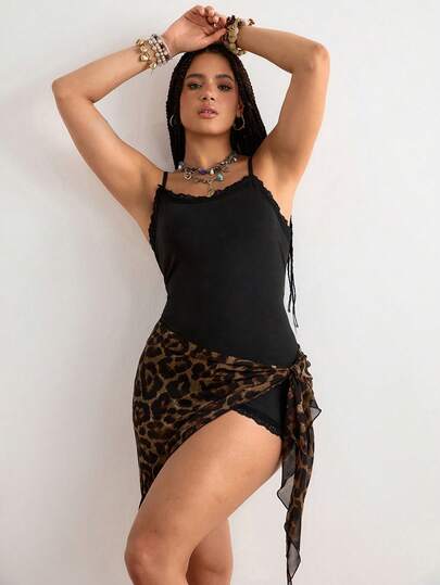 Freevana Falda envolvente de gasa con estampado de leopardo estilo bohemio y sexy - Lazo lateral, abertura alta y bajo asimétrico, ligera y de secado rápido, cubrecosturas de bikini para playa, vacaciones, fiestas en la piscina, verano para mujer