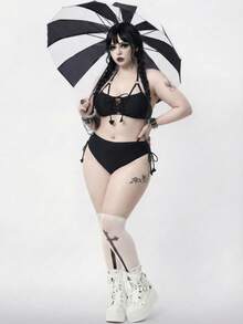 ROMWE Bộ bikini hai mảnh cỡ lớn gợi cảm phong cách Gothic, kiểu dây buộc chéo, thích hợp cho kỳ nghỉ hè. - màu đen - Xem 3