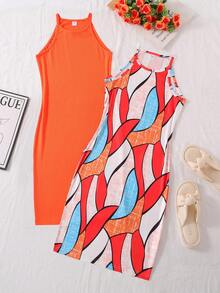 SHEIN 少女条纹修身基本款连衣裙套装 - 彩色 - 查看 1