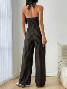 Flirla Women's Summer Casual Vacation & Commute Striped Print Backless Tie-Front Wide Leg Jumpsuit - Rust Brown - View 2