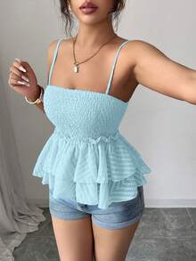 Elenzga 女士休闲度假雪纺镂空不对称叠层吊带衫 - 淺藍色 - 查看 6