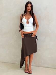 Aloruh Women's Spring/Summer New Solid Brown Y2K Asymmetric Double-Layer Waist Belt Skirt, Suitable For Outings, Music Festivals - Brown - View 5