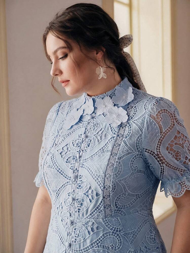 Plus Size Women Elegant Lace Embroidered High Neck Dress, Blue