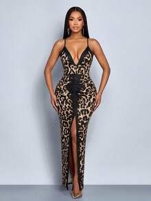 SOLERSUN Vestido largo de verano para mujer: Elegante y casual, estampado de leopardo degradado negro/marrón, tejido elástico de punto, escote en V profundo, sin mangas, tirantes finos, volantes en las caderas, abertura frontal, vestido largo - Marrón - Ver 3