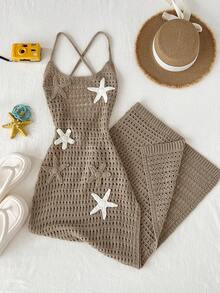 Sunnyshic 女士棕色碎花连衣裙，性感镂空轻盈透气夏季沙滩裙，休闲装 - 彩色 - 查看 4