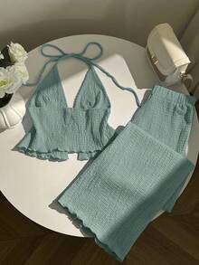 Elamini Textured Fabric Pleated Halter Loose Wide Leg Pants Set - Green - View 2