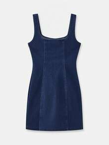 lacRébo Vestido corto de mezclilla sin mangas con corte, estilo francés y parisino para primavera y verano - Azul lavado oscuro - Ver 7