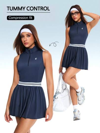 Eassivo Women's Sports Dress Zipper Pleated Tennis Skirt, Hollow Design Moisture-Wicking Sleeveless Dress Vest Skirt