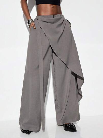 GENKIRA Women's Suit Fabric Loose Wide Leg Pants Asymmetric Wrap Waist With Layered Draped Panel Low Waist Cut Minimalist Avant-Garde High-End Style Women's Dress Pants Office Outfits For Women Work Outfits For Women