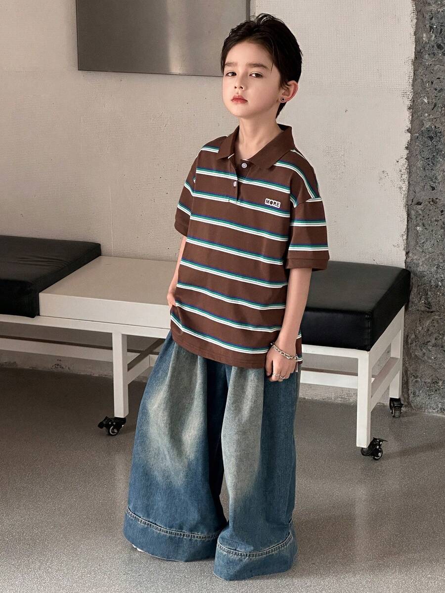 DAZY Camisa polo de manga corta a rayas para niños pequeños - Marrón - Ver 1