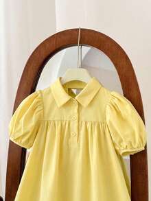SHEIN LMoss Kids 女婴可爱绿色短袖翻领连衣裙，夏季 - 黃色 - 查看 8