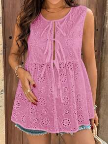 SHEIN Maternity Vacation Floral Embroidery Front Tie Sleeveless Shirt - Pink - View 4