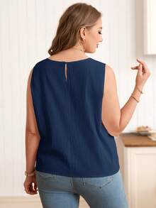 EMERY ROSE Plus Size Women's Casual White Round Neck Sleeveless Short Shirt Blouse, Comfortable Button Front Split Design, Spring/Summer - Navy Blue - View 3