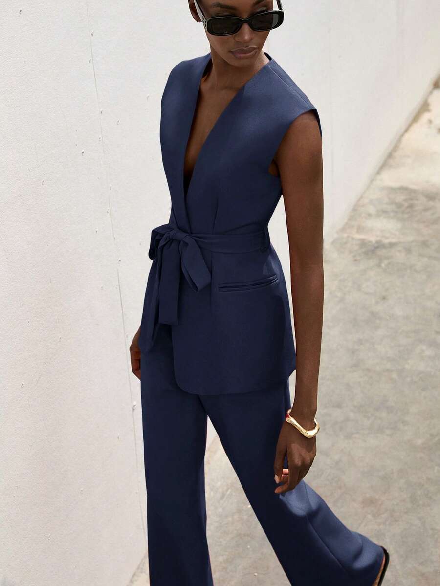 Aveloria Modichic 女士商务正式简约纯色深V领系带无袖背心和西装裤套装 - 藏蓝色 - 查看 1
