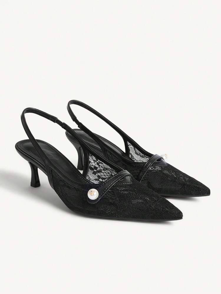 CUCCOO CHICEST Women Shoes Pointed Stiletto Black Lace Mesh Faux Pearl Word With Sexy Fashion Elegant With Skirt Daily Versatile Banquet Party Women High Heel Shoes Shoes Wedding Shoes Summer Shoes Bride Shoes