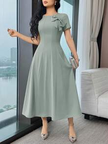 Vestido midi elegante de manga corta con cuello redondo y decoración de lazo en unicolor para mujer - Verde - Ver 4