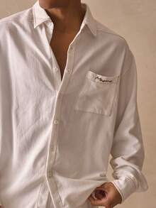 Musero Long Sleeve Button Oversized Collared Shirt Front Pocket Detailing Branded Embroidery Co Ord Top Only Set Spring Summer Essentials - White - View 3