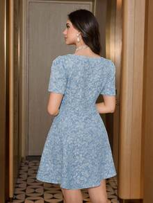 Modelyn Yellow Jacquard Design Waist Cinching Elegant Dress For Women, Suitable For Outings And Dates - Blue - View 2