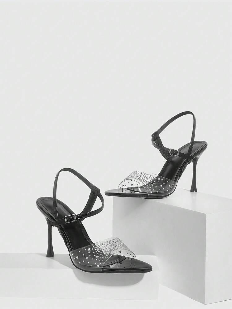 CUCCOO SZL Women Shoes Spring/Summer Pointed Stiletto Black Transparent Rhinestone Sexy Fashion Gorgeous Back Ankle Strap With Skirt Banquet Party Nightclub Ladies High Heel Sandals Open-Toed Sandals Prom Heels