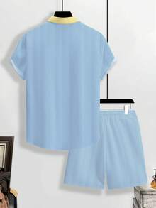 Manfinity Homme Bộ đồ nam mùa hè thường ngày kẻ sọc tương phản cài cúc phía trước gồm áo sơ mi và quần short. - Nhiều màu - Xem 2